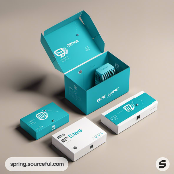 Turquoise drone packaging in a mailer box on beige background.