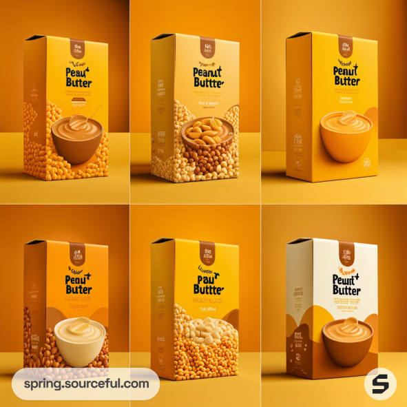 Orange and yellow cereal boxes with peanut butter designs.