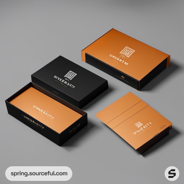 Orange and black university-themed packaging with two slide-open boxes and notebook on grey background.