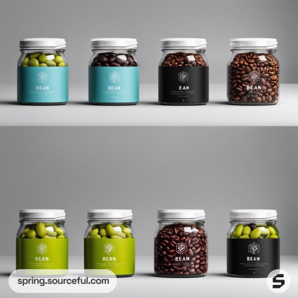 Glass jars with beans and colorful labels on shelves.