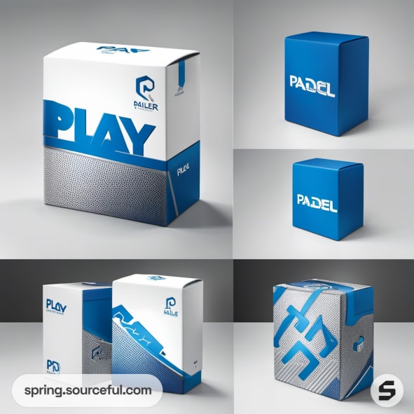 Blue and white cardboard box with 'Play' text and textured design.