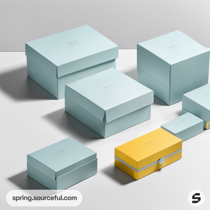 Light blue and yellow gift boxes on a white surface.