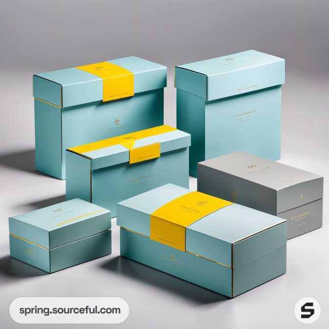 Elegant turquoise gift boxes with yellow bands in various sizes on a neutral background.