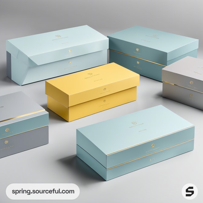 Assorted pastel-colored rectangular gift boxes with gold accents on a gray surface.