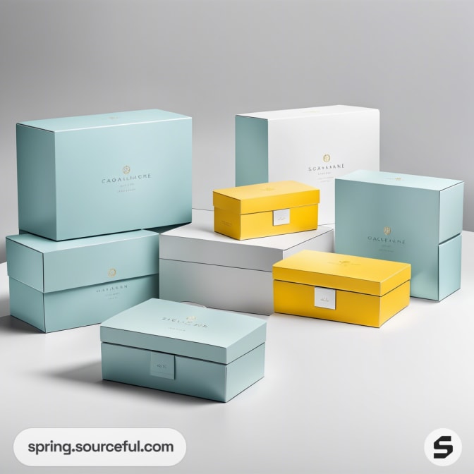 Assorted pastel and yellow packaging boxes with minimal design on a white background.