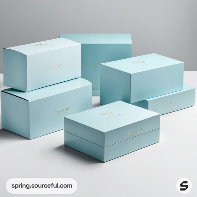 Light blue luxury gift boxes with gold detailing on a white surface.