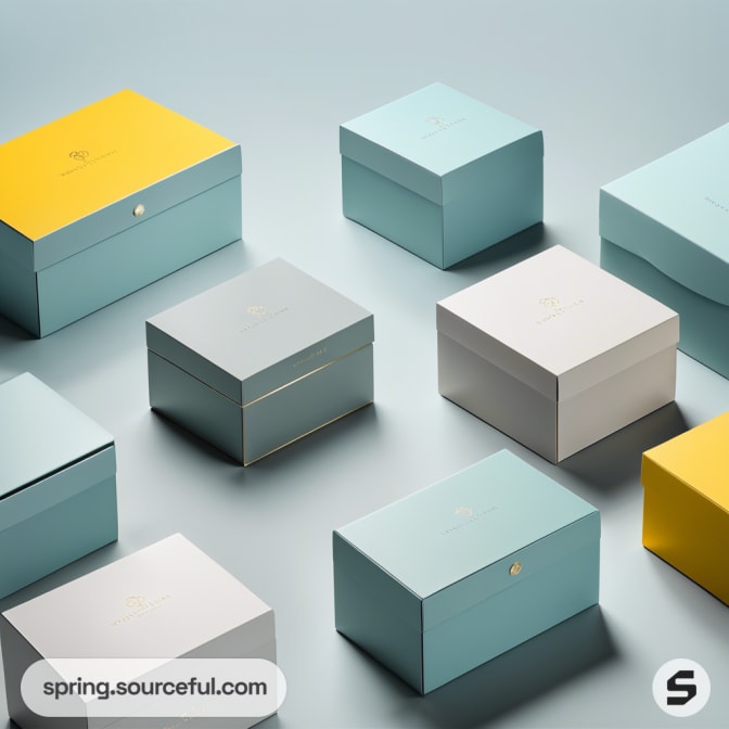 Assorted pastel and yellow gift boxes on a light background.