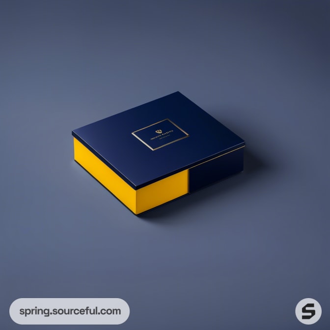 Navy and yellow rigid gift box on a blue surface.