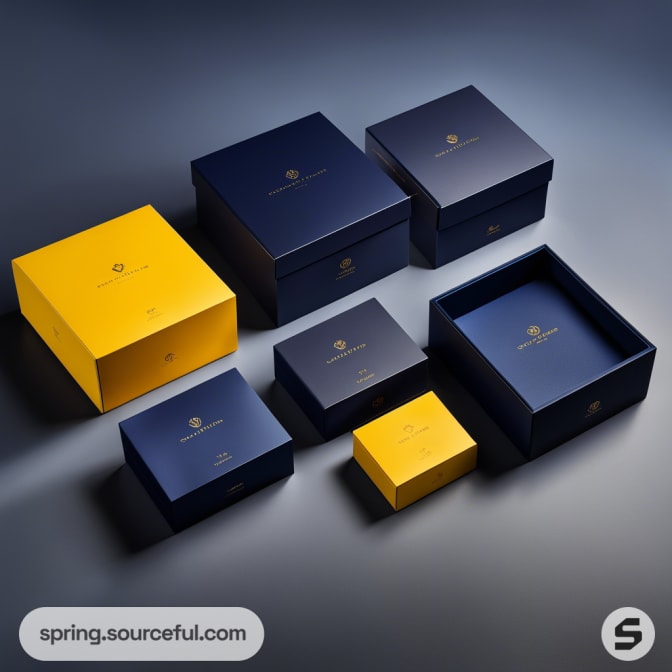 Assorted navy and yellow gift boxes on gray background.
