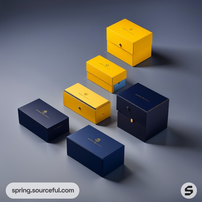 Stack of navy and yellow drawer boxes on gray background.