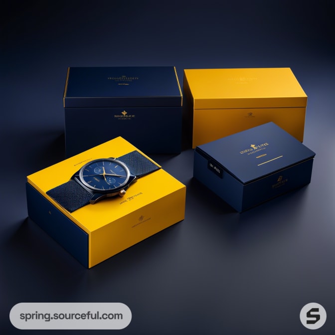Watches in navy and yellow boxes on a dark setup.