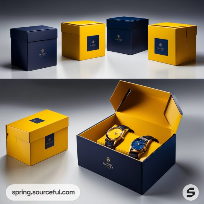 Opened watch box with two watches on yellow interior.