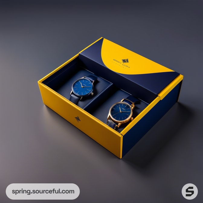 Two watches in a navy and yellow interior box.