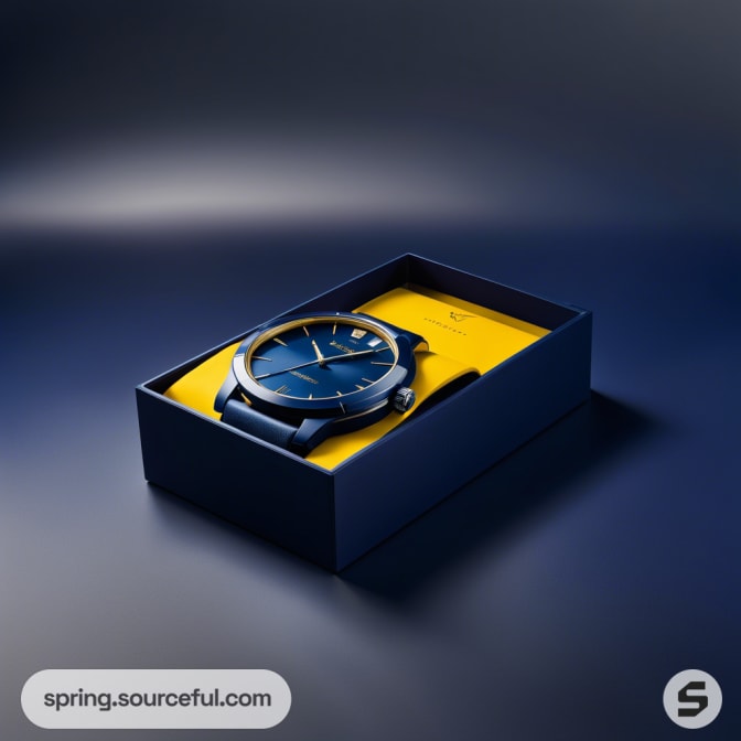 Single watch in a navy box with yellow interior.