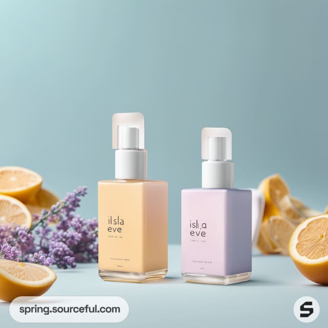 Square pastel lotion bottles with lavender and lemon on blue backdrop.