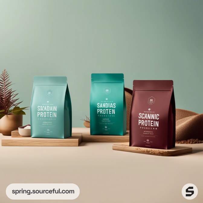 Three resealable pouches of protein powder, teal and maroon, displayed on a wooden surface with a plant decoration.