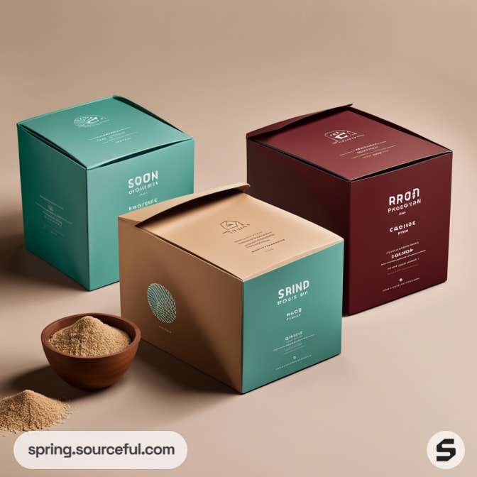 Three cube boxes in teal, beige, and maroon on a beige background next to a wooden bowl with powdered substance.