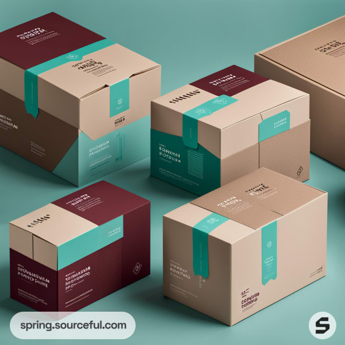 Assorted cardboard boxes with teal and burgundy labels on a turquoise background.