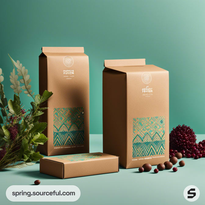 Two biodegradable coffee boxes with vibrant teal patterns on a green background, surrounded by berries and foliage.