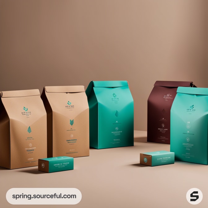 Variety of eco-friendly resealable pouches in teal and brown, with smaller boxes, displayed on a neutral background.