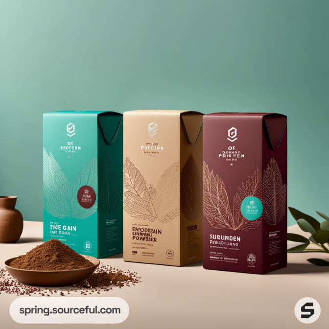 Three eco-friendly cardboard protein powder boxes in teal, beige, and maroon with leaf designs.