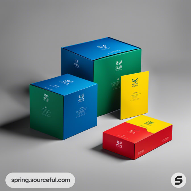 Colorful boxes and booklet on gray background, featuring blue, green, and red mailer boxes with yellow booklet.