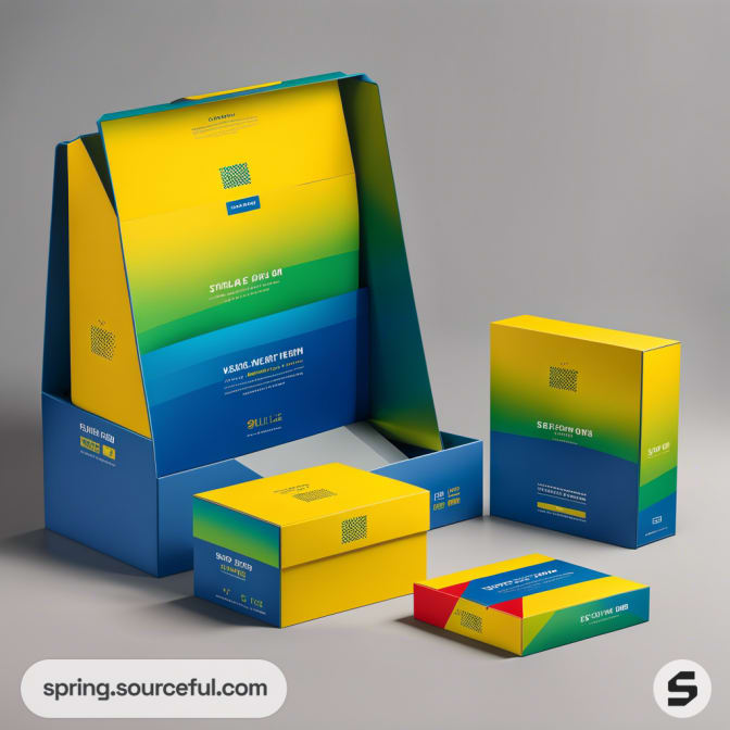 Colorful packaging set with gradient design in yellow and blue shades, includes boxes and a display stand.