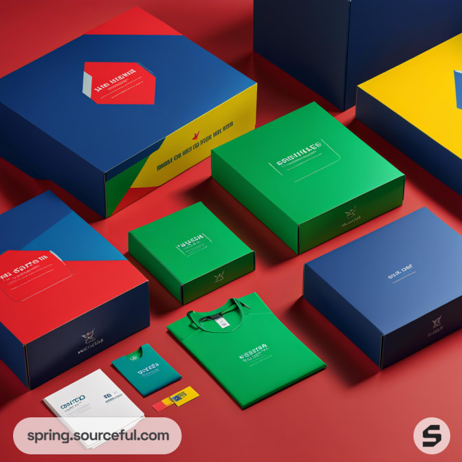 Colorful variety of packaging boxes with tshirt on red background.