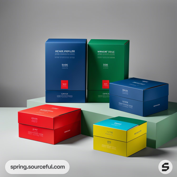 Colorful stackable product boxes in red, blue, green, and yellow on a gray surface.