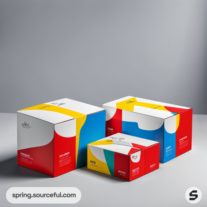 Colorful geometric pattern boxes on a gray background.