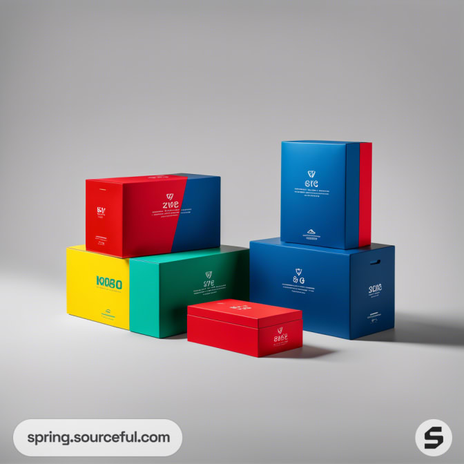 Stacked colorful boxes in red, blue, yellow, and green with minimal designs on a gray background.