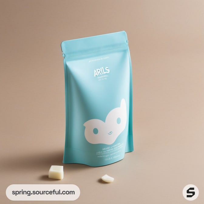 Turquoise resealable pouch with white owl design on brown background.