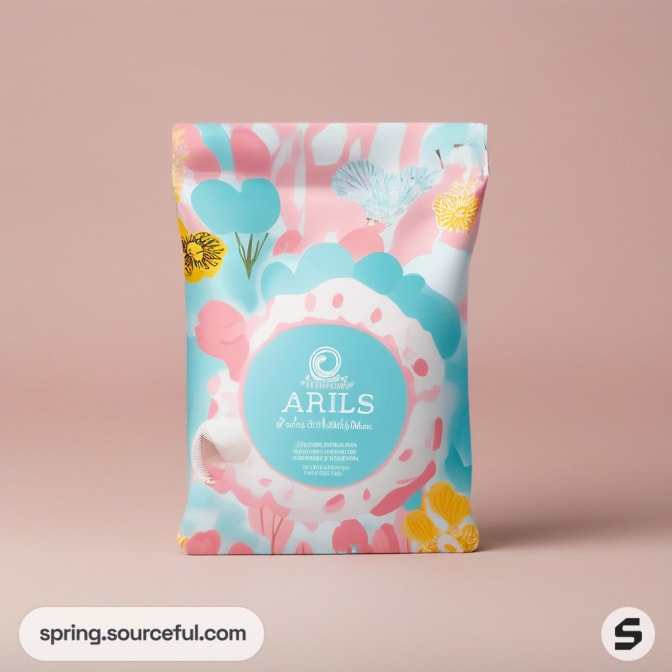 Colorful resealable pouch with floral and abstract patterns.