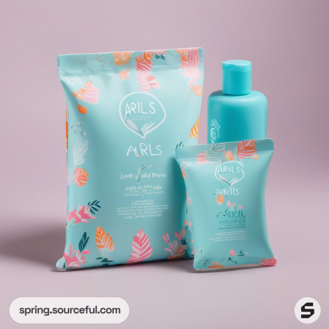 Set of mint-colored pouches and bottle with tropical design.