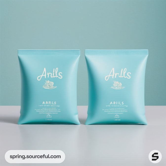 Two blue square pouches with minimal white text.