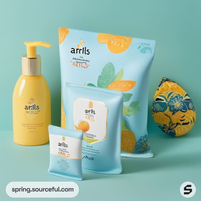 Collection of yellow and blue packaging with fruit illustrations.