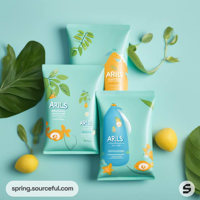 Set of blue pouches and bottles with botanical elements.