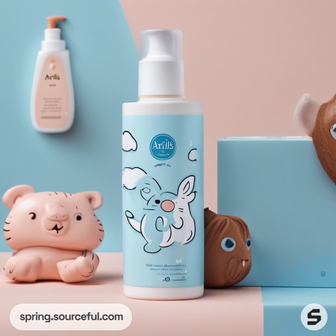 Blue bottle with playful cartoon design and animal figures.