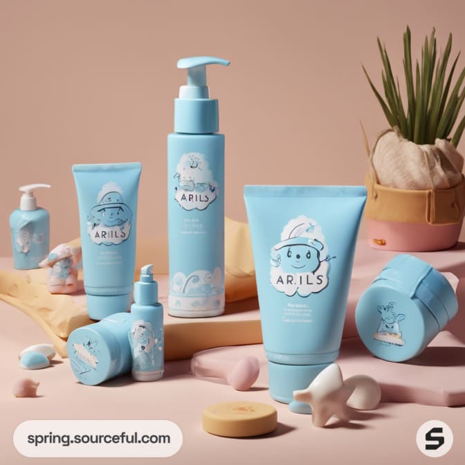Assortment of blue cosmetic bottles and tubes with whimsical graphics.