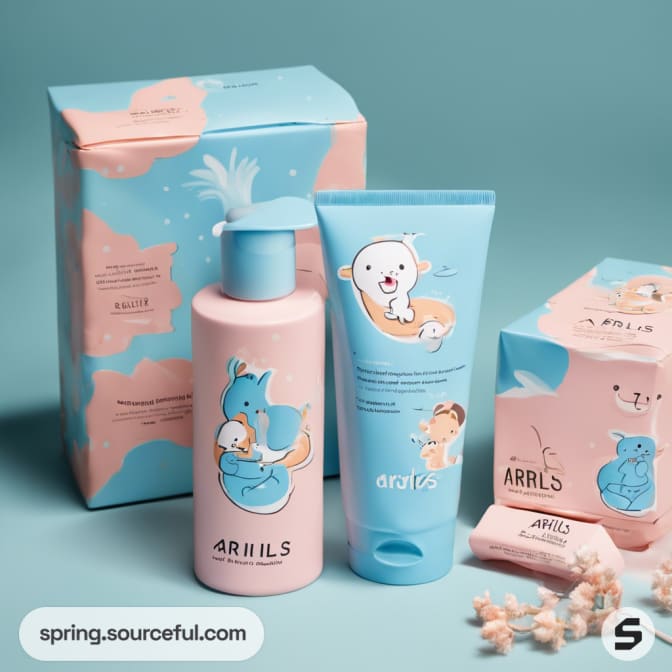 Blue and pink packaging with playful animal illustrations.