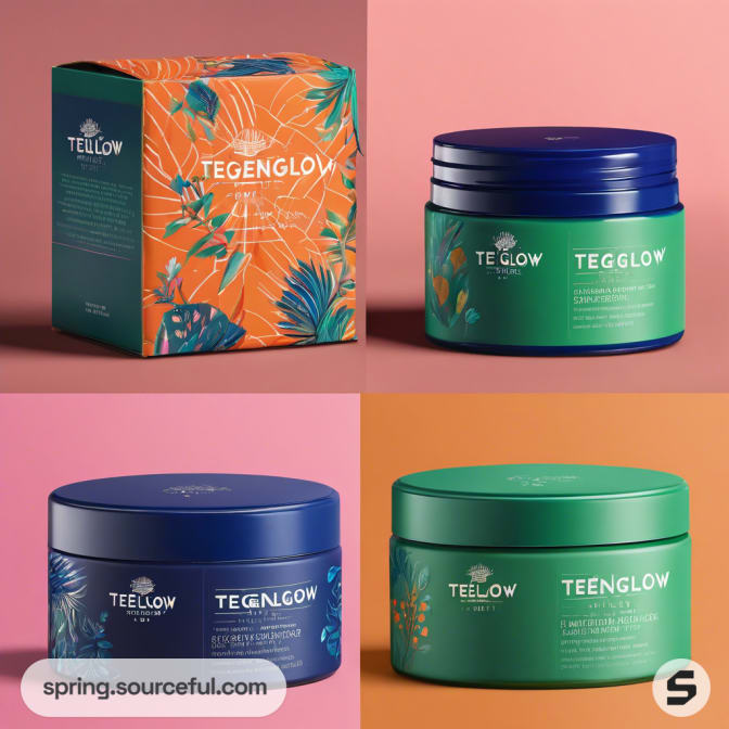 Colorful jars and box with floral design on orange and green backgrounds.