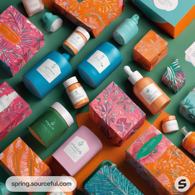 Assorted skincare products in vibrant boxes and bottles on a green surface.