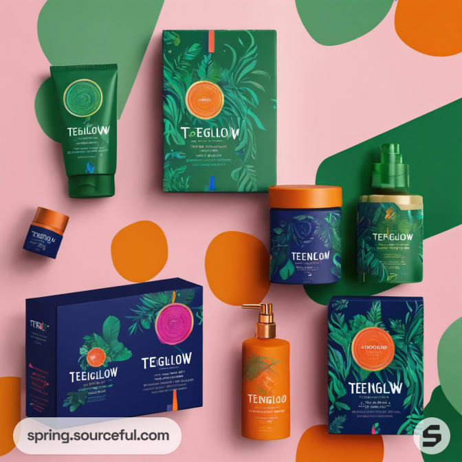 Green and orange themed skincare products with bold packaging designs.