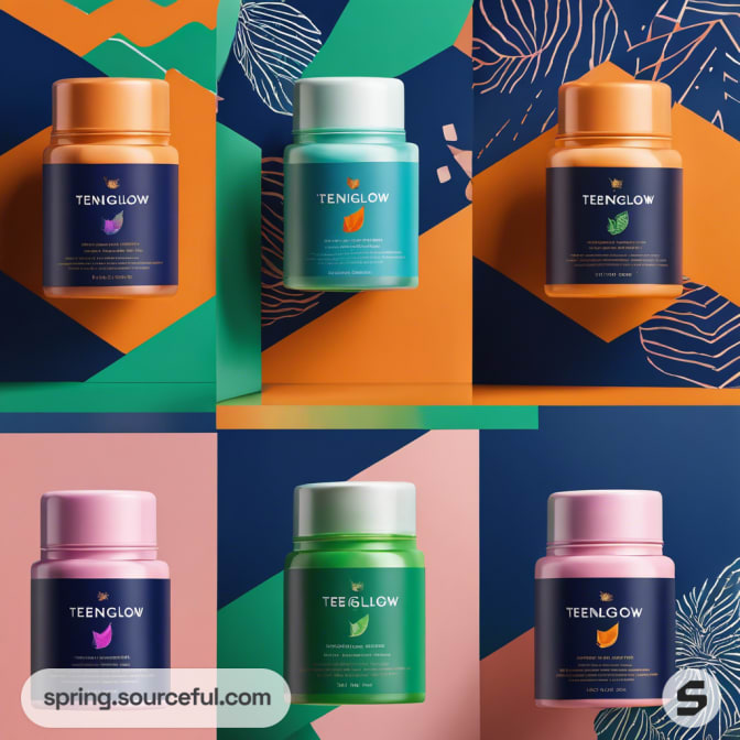 Orange and pink jars on geometric backgrounds with icons and patterns.
