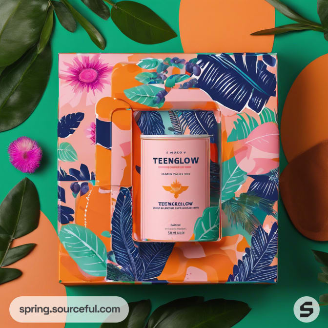 Pink and orange box with floral design around a skincare bottle.