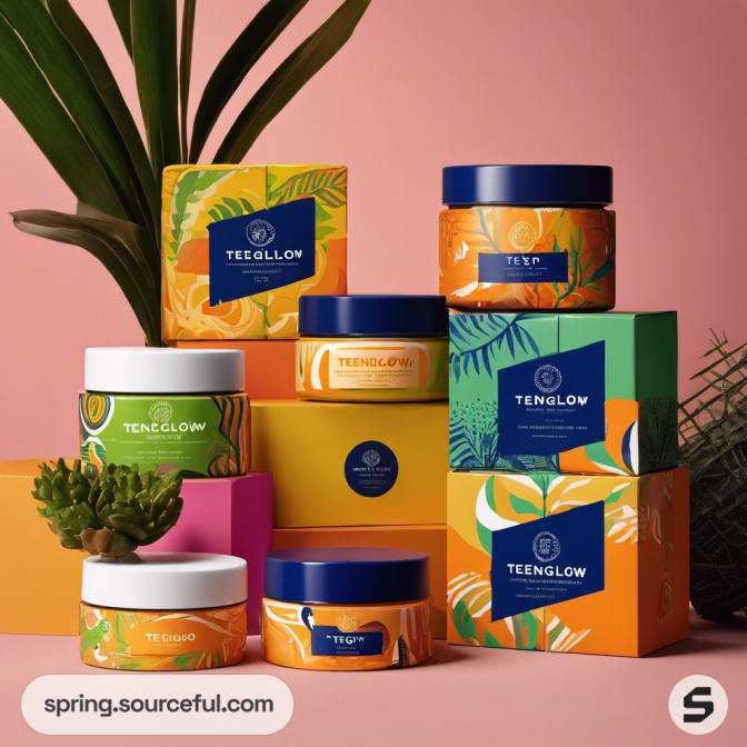 Brightly colored jars and boxes with leafy designs on a pink background.