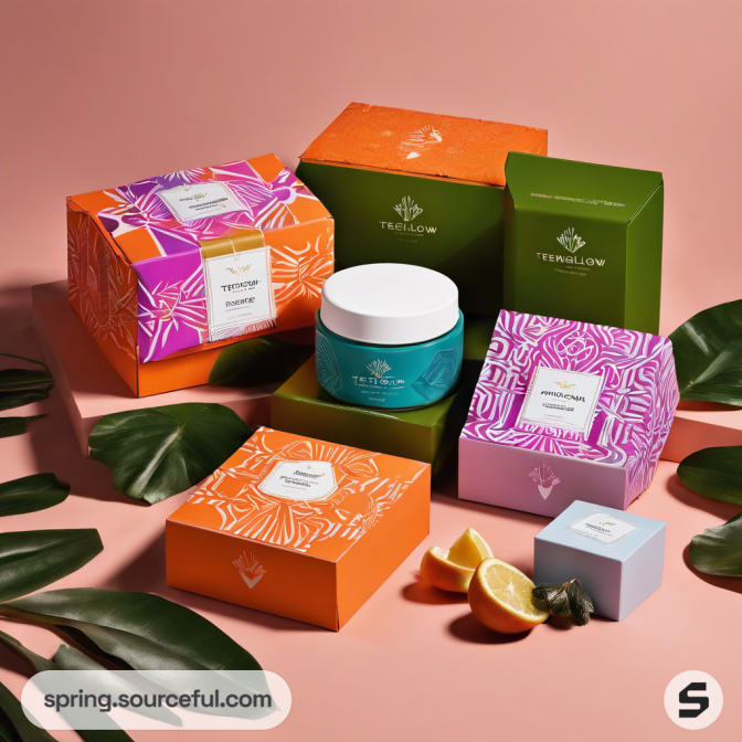 Colorful boxes with leaves and a turquoise jar on a pink surface.