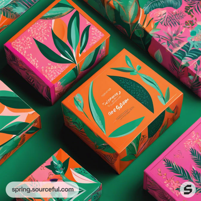 Boxes with vivid plant designs and vibrant colors on a green background.