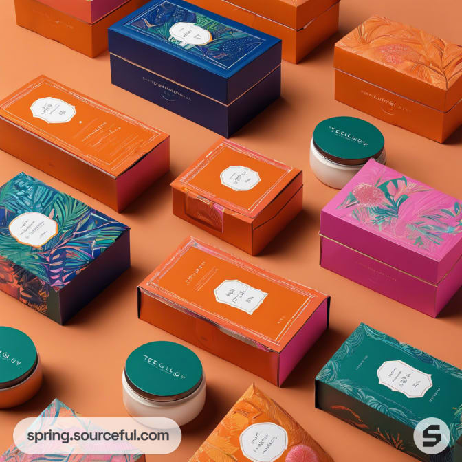Orange and blue beautifully designed skincare boxes placed on a peach surface.