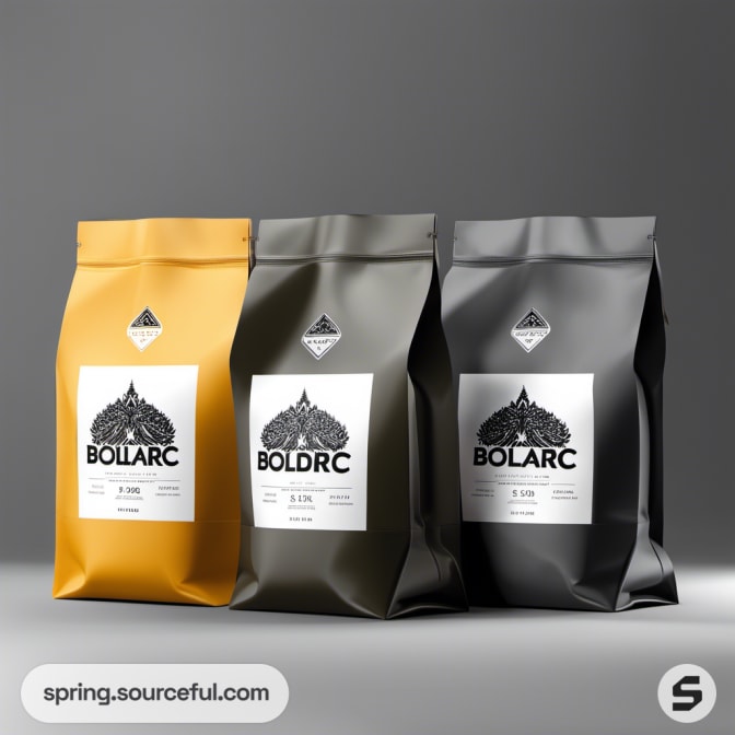 Three resealable pouches in yellow, green, and black with bold labels.